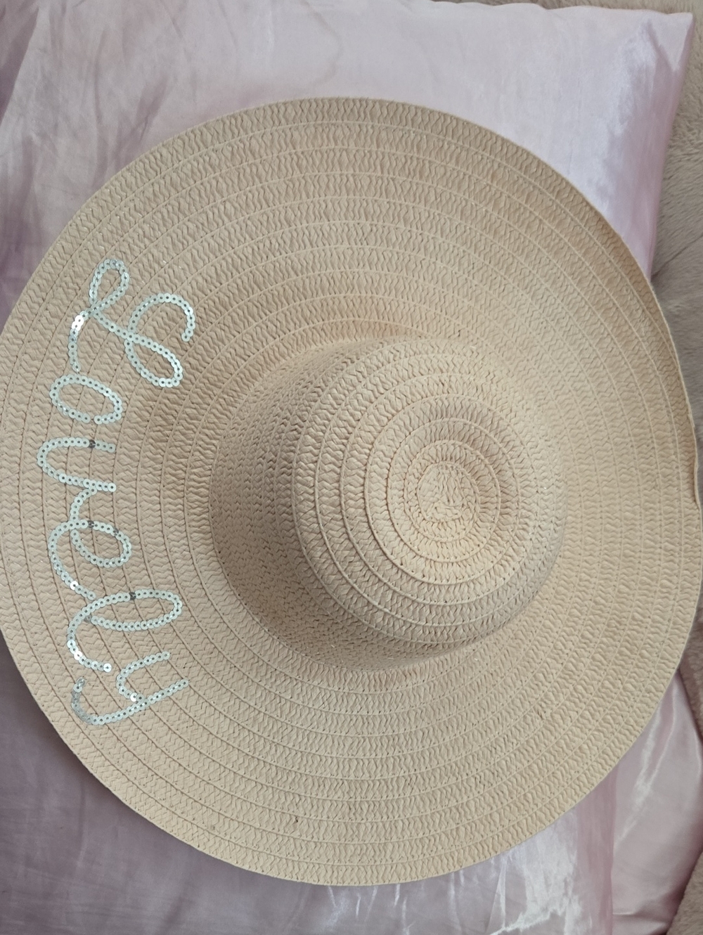 Sequined 'Lovely' Wide Brim Straw Sun Hat - Beige
